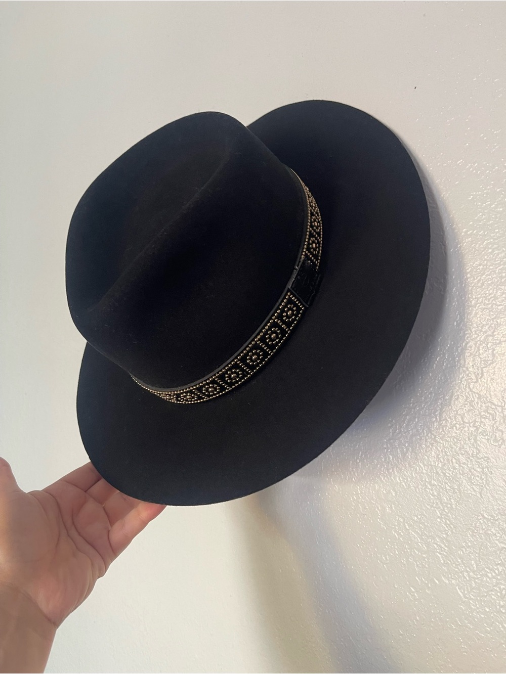 Anine Bing Black 100% Wool Rancher Fedora Hat Studded Band